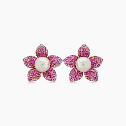 South Sea White Pearl & Pink Sapphire Pave Set 18K Rose Gold Earrings