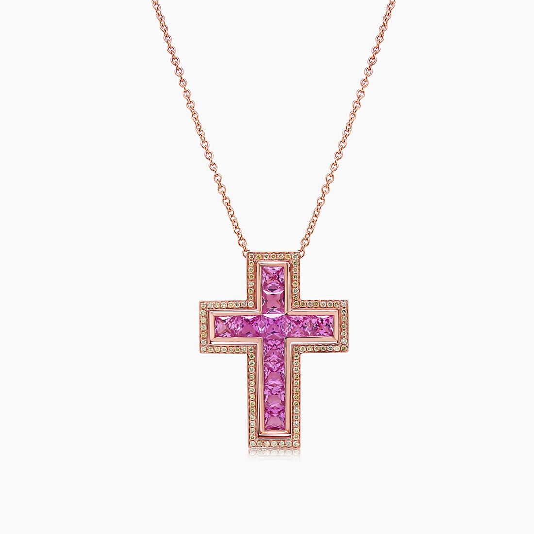 Square Cut Pink Sapphire &amp; Fancy Diamond 18K Rose Gold Cross Pendant Necklace