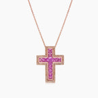 Square Cut Pink Sapphire & Fancy Diamond 18K Rose Gold Cross Pendant Necklace
