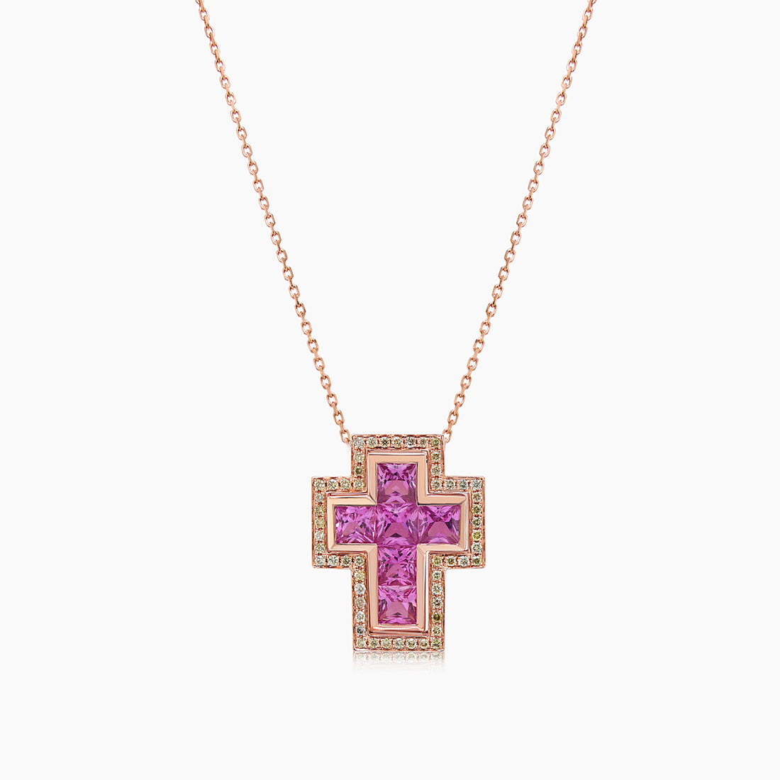 Square Cut Pink Sapphire & Fancy Diamond 18K Rose Gold Cross Pendant Necklace
