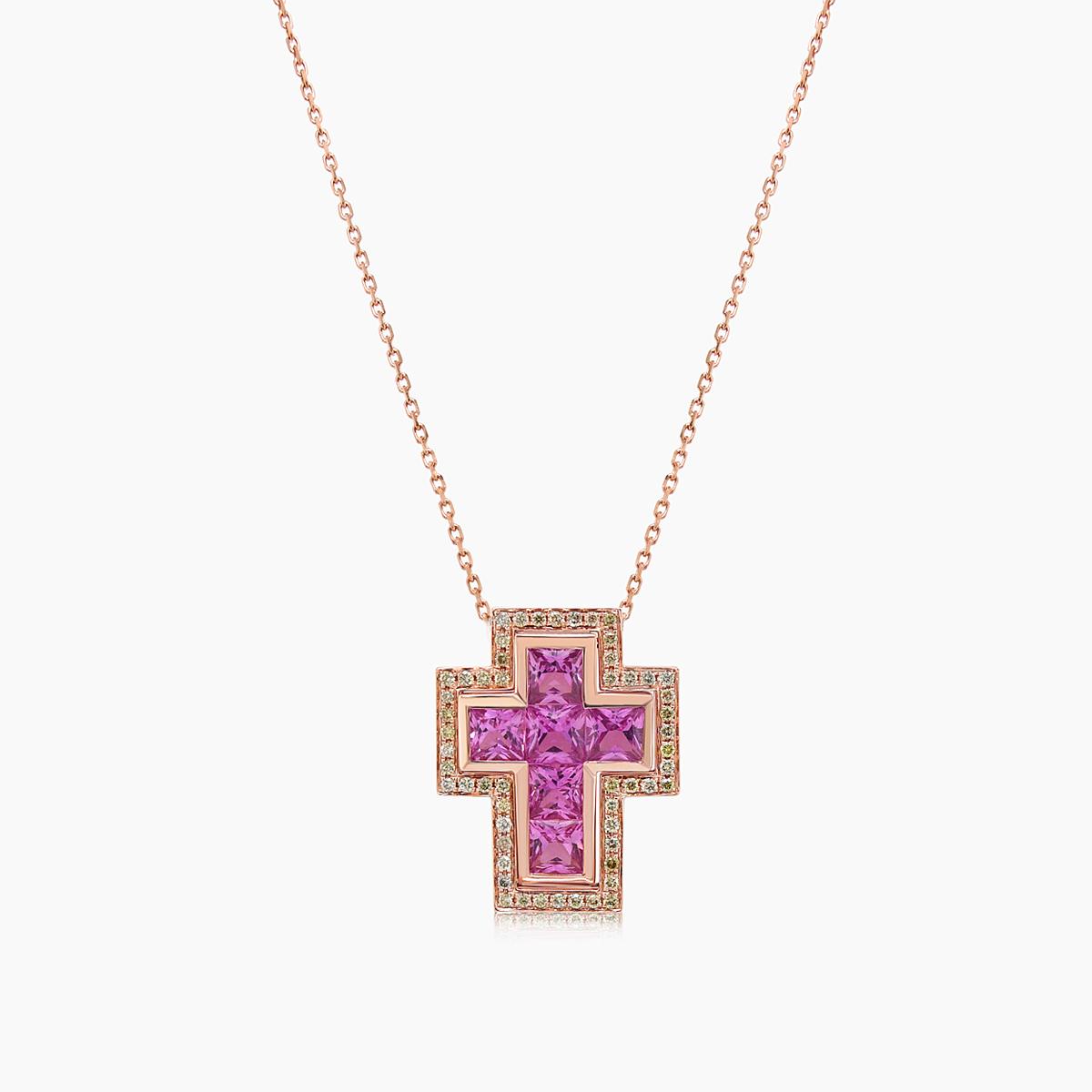 square cut pink sapphire & fancy diamond 18k rose gold cross pendant necklace