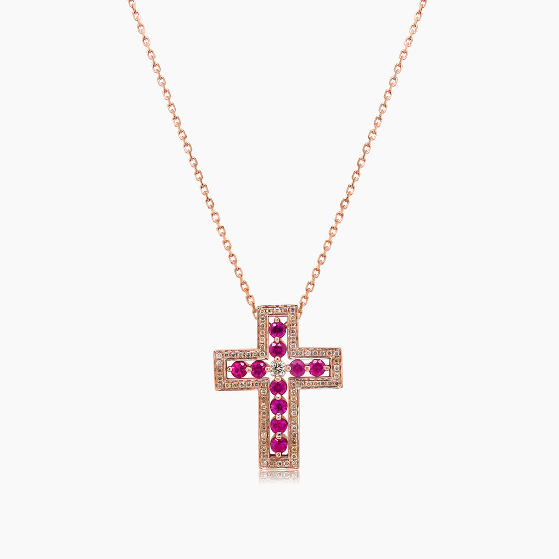 Pink Sapphire & Fancy Diamond Halo 18K Rose Gold Cross Design Pendant Necklace