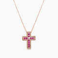 Pink Sapphire & Fancy Diamond Halo 18K Rose Gold Cross Design Pendant Necklace