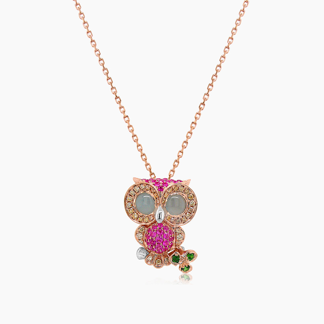 Owl Bird Pink Sapphire Diamond Aquamarine Garnet 18K Rose Gold Pendant Necklace