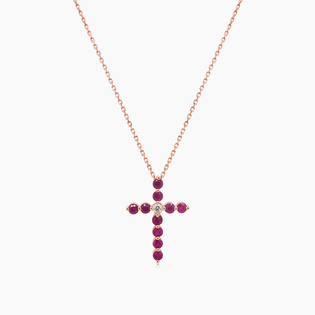Pink Sapphire & Fancy Diamond 18K Rose Gold Cross Pendant Necklace