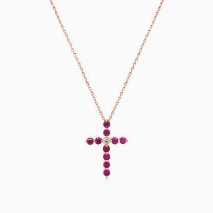 Pink Sapphire & Fancy Diamond 18K Rose Gold Cross Pendant Necklace