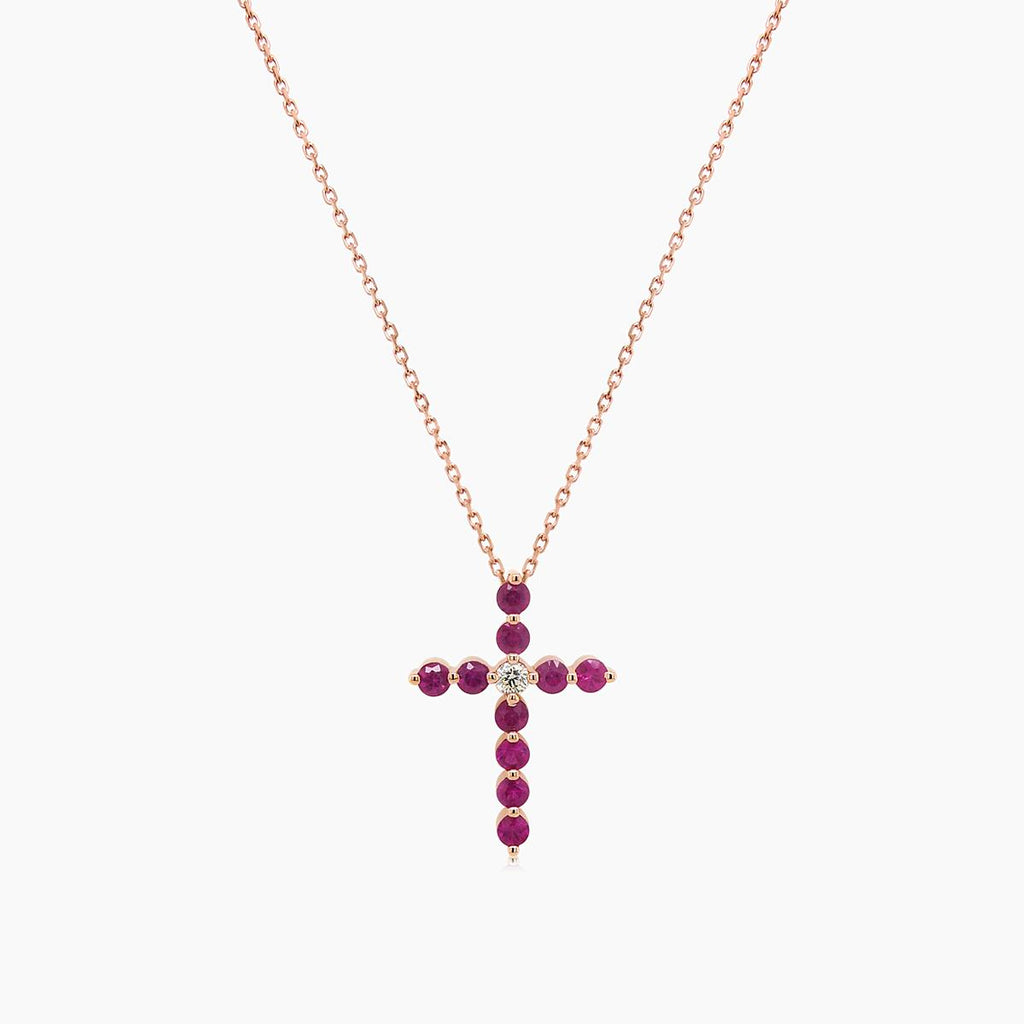 Pink Sapphire & Fancy Diamond 18K Rose Gold Cross Pendant Necklace