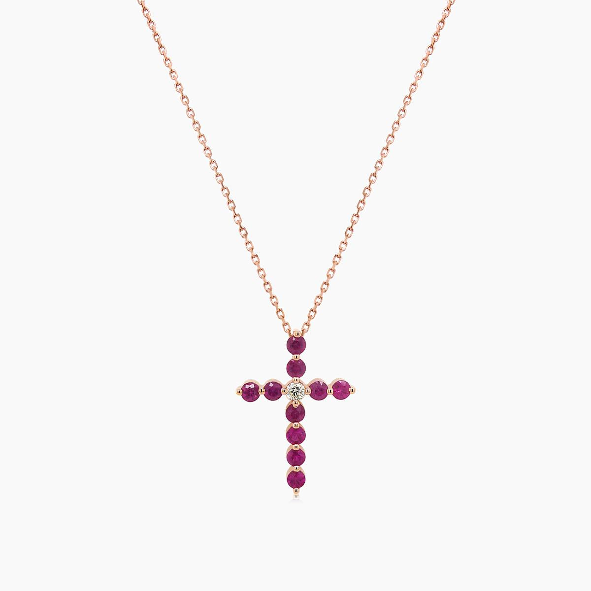 pink sapphire & fancy diamond 18k rose gold cross pendant necklace