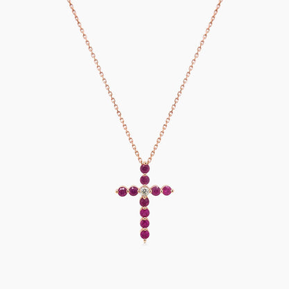 Pink Sapphire & Fancy Diamond 18K Rose Gold Cross Pendant Necklace