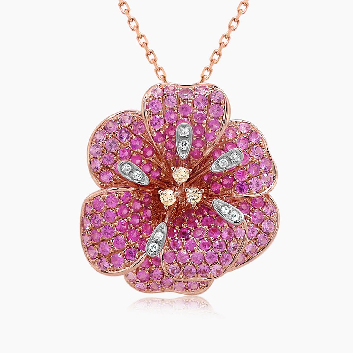 pink sapphire white & fancy diamond 18k rose gold floral design pendant necklace