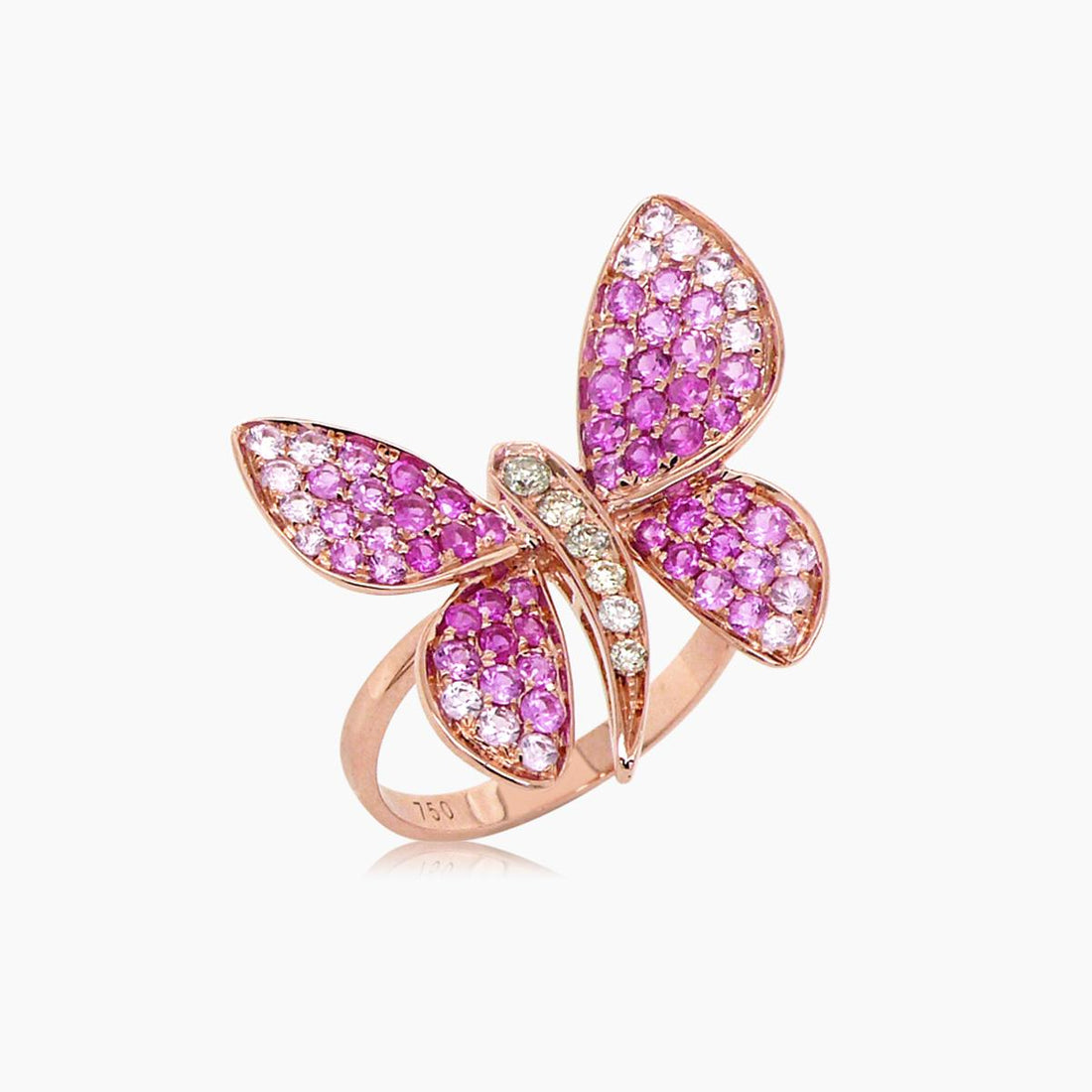 Pink Sapphire &amp; Diamonds Pearl Pave Butterfly Sweet 18K Rose Gold Animal Ring