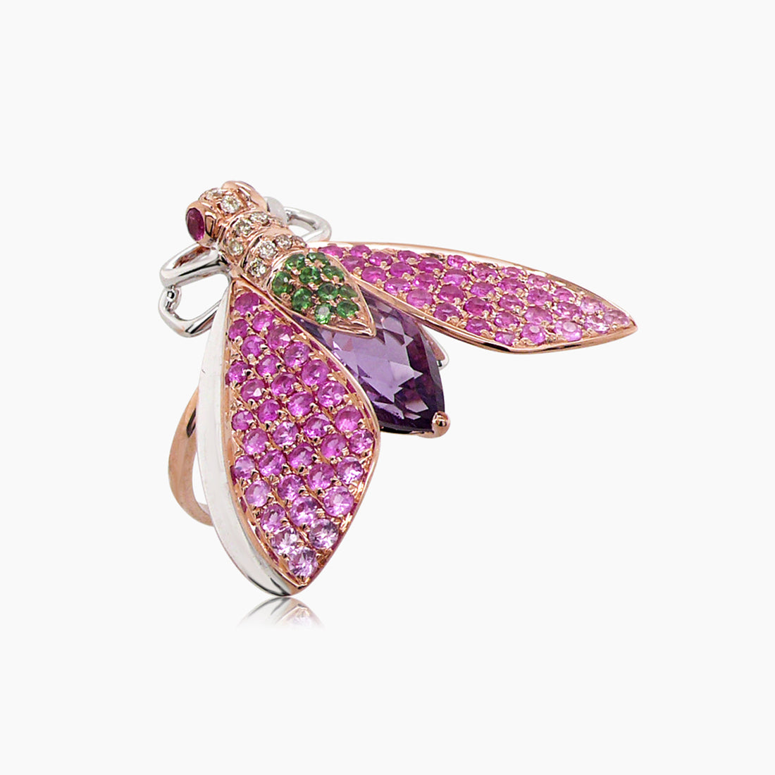Multicolor Pink Gemstone & Diamond Pave Fly Bug 18K Rose Gold Animal Ring