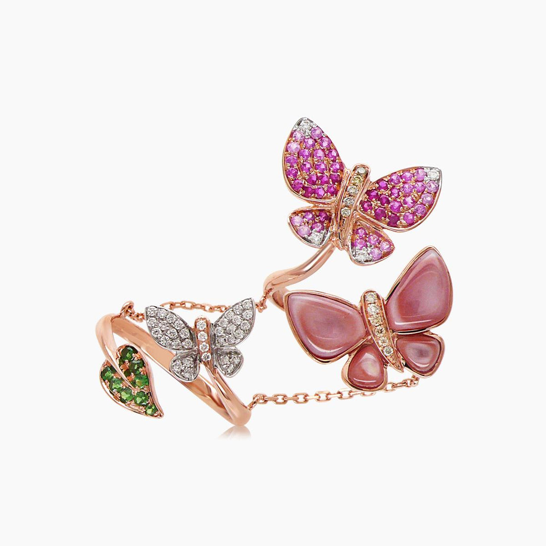 Pink Sapphire &amp; Diamonds Pearl Pave Butterfly Sweet 18K Rose Gold Animal Ring