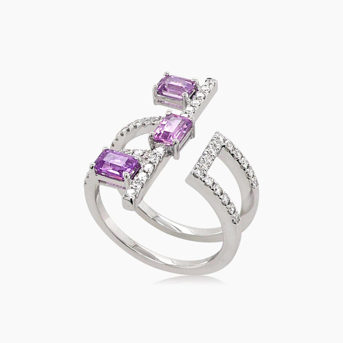 emerald cut pink sapphire & white diamond 18k white gold ring