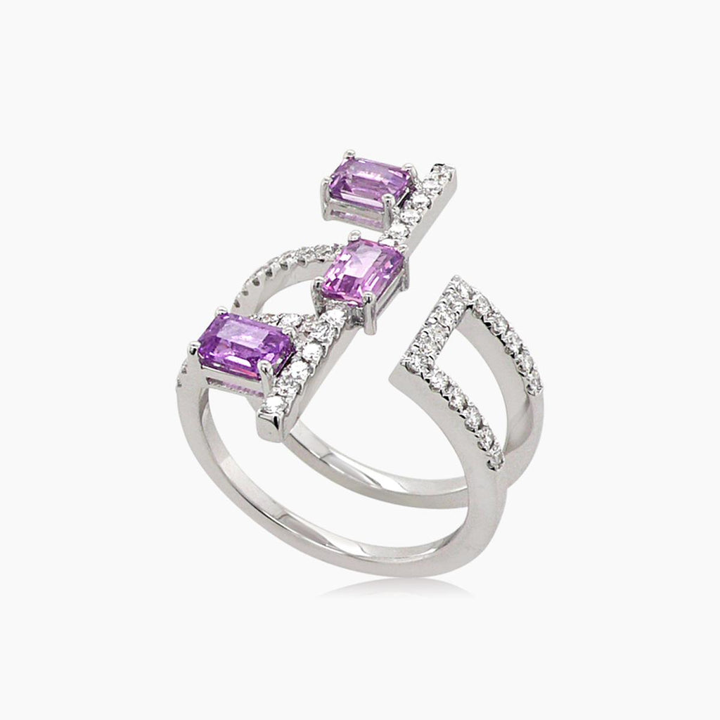 Emerald Cut Pink Sapphire & White Diamond 18K White Gold Ring