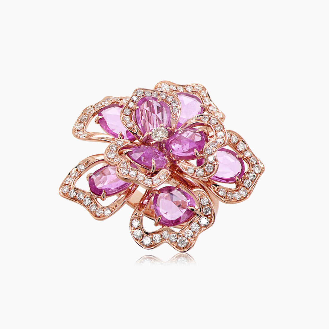 Pink Sapphire & White & Fancy Diamond Lilly Flower Floral 18K Rose Gold Ring