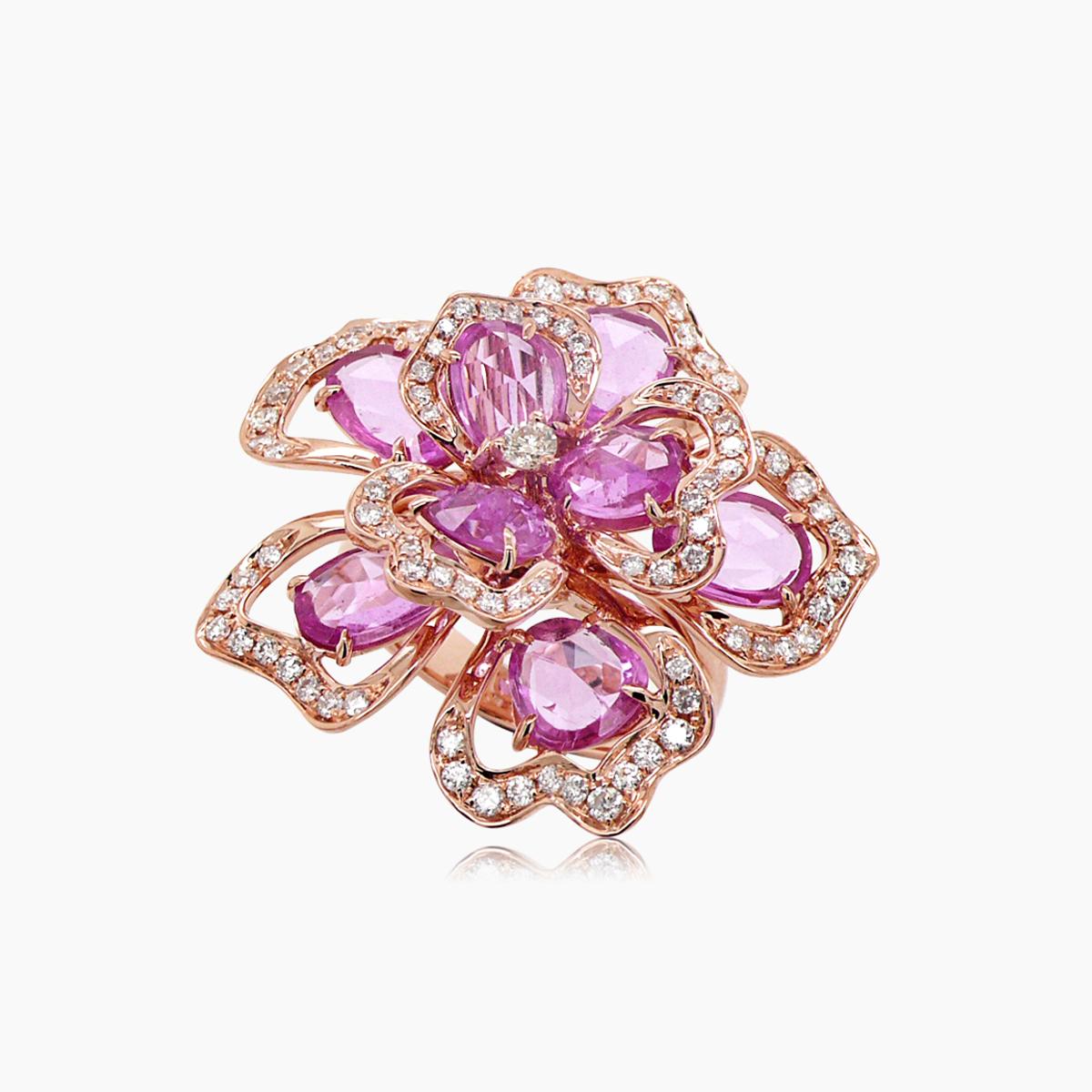pink sapphire & white & fancy diamond lilly flower floral 18k rose gold ring