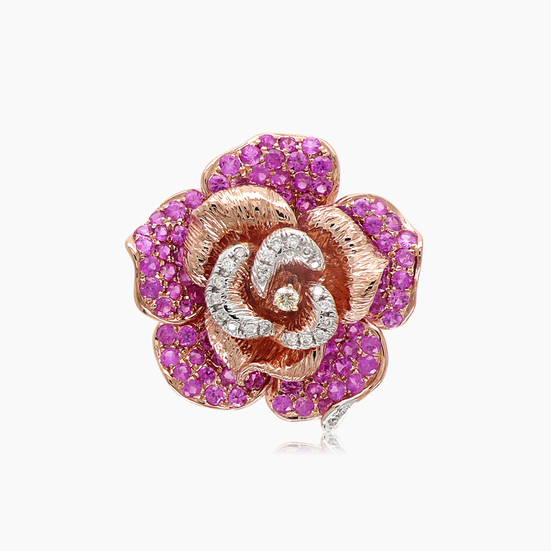Pink Sapphire & White & Fancy Diamond Lilly Floral 18K Rose Flower Gold Ring