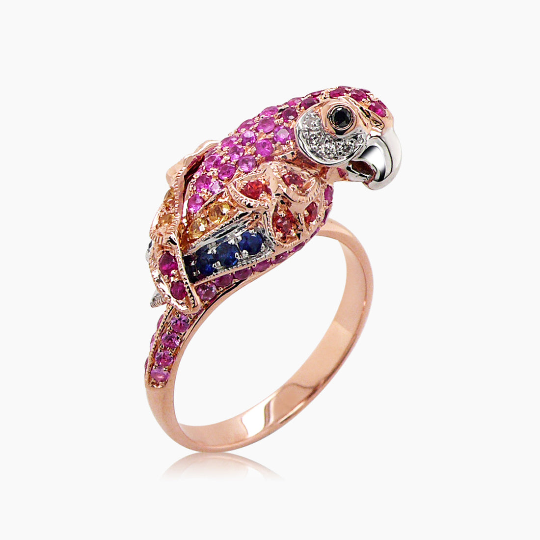 Parrot Bird Pink Sapphire Ruby Diamond & Multi-Sapphire 18K Rose Gold Ring