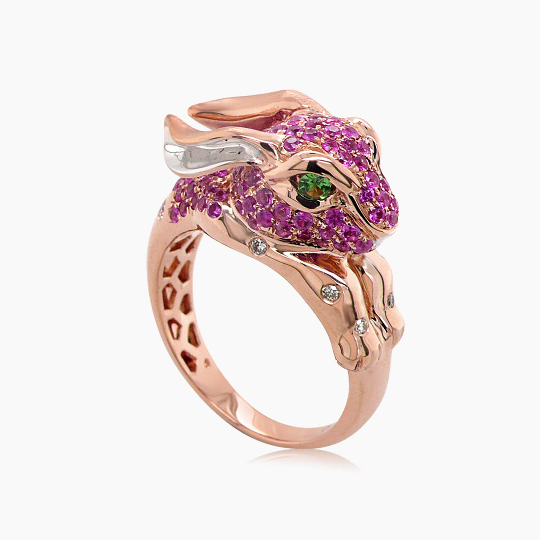 Rabbit Bunny Pink Sapphire Fancy Diamond & Garnet 18K Rose Gold Rabbit Face Ring