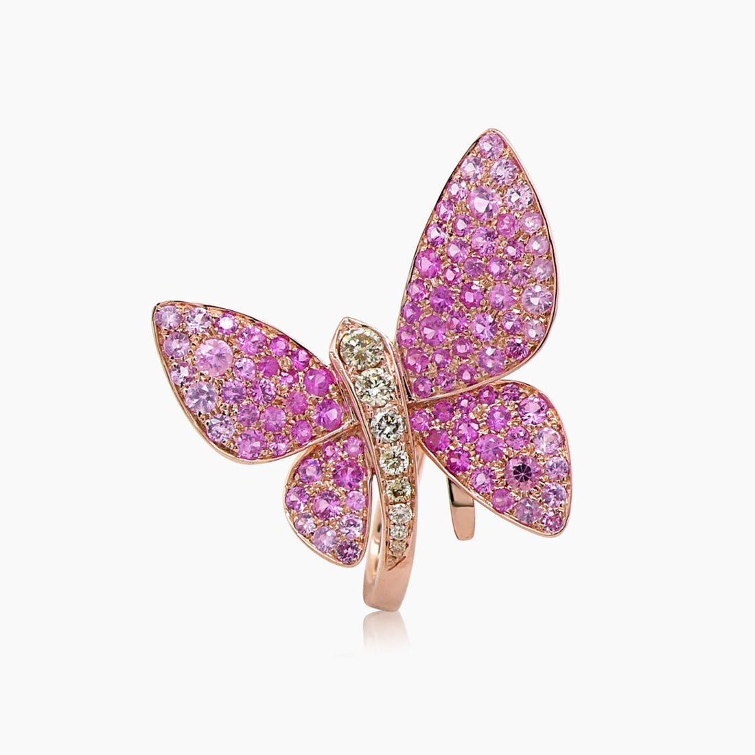 Pink Sapphire &amp; Diamonds Pearl Pave Butterfly Sweet 18K Rose Gold Animal Ring