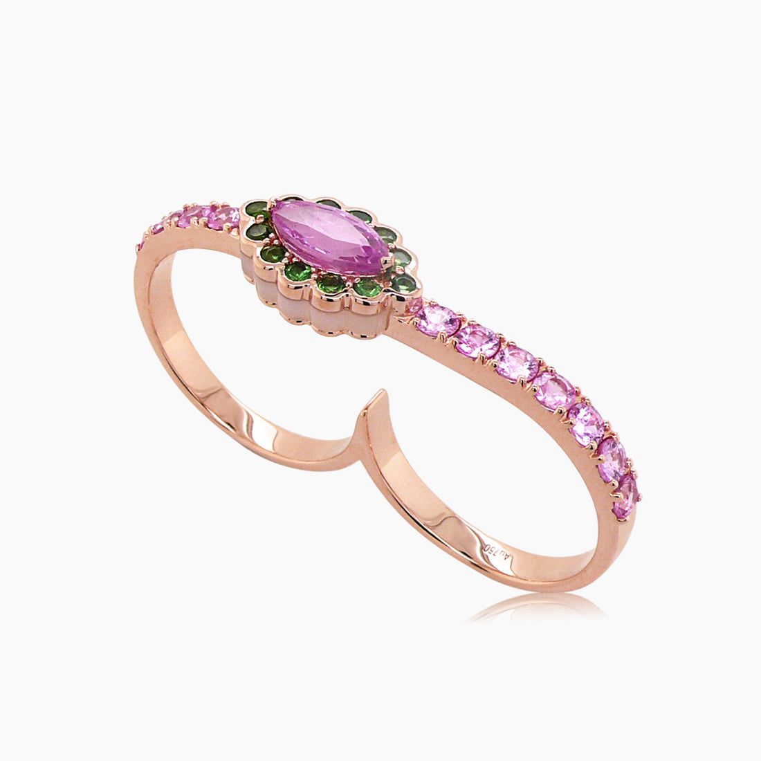 Pink Sapphire & Green Garnet & White Pearl & Gemstone 18K Rose Gold Double Ring