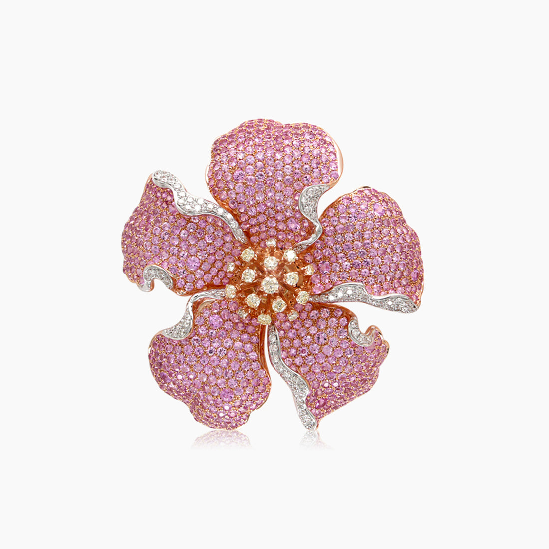 Pink Sapphire White & Fancy Diamond Lilly Flower Rose Gold Floral Design Ring