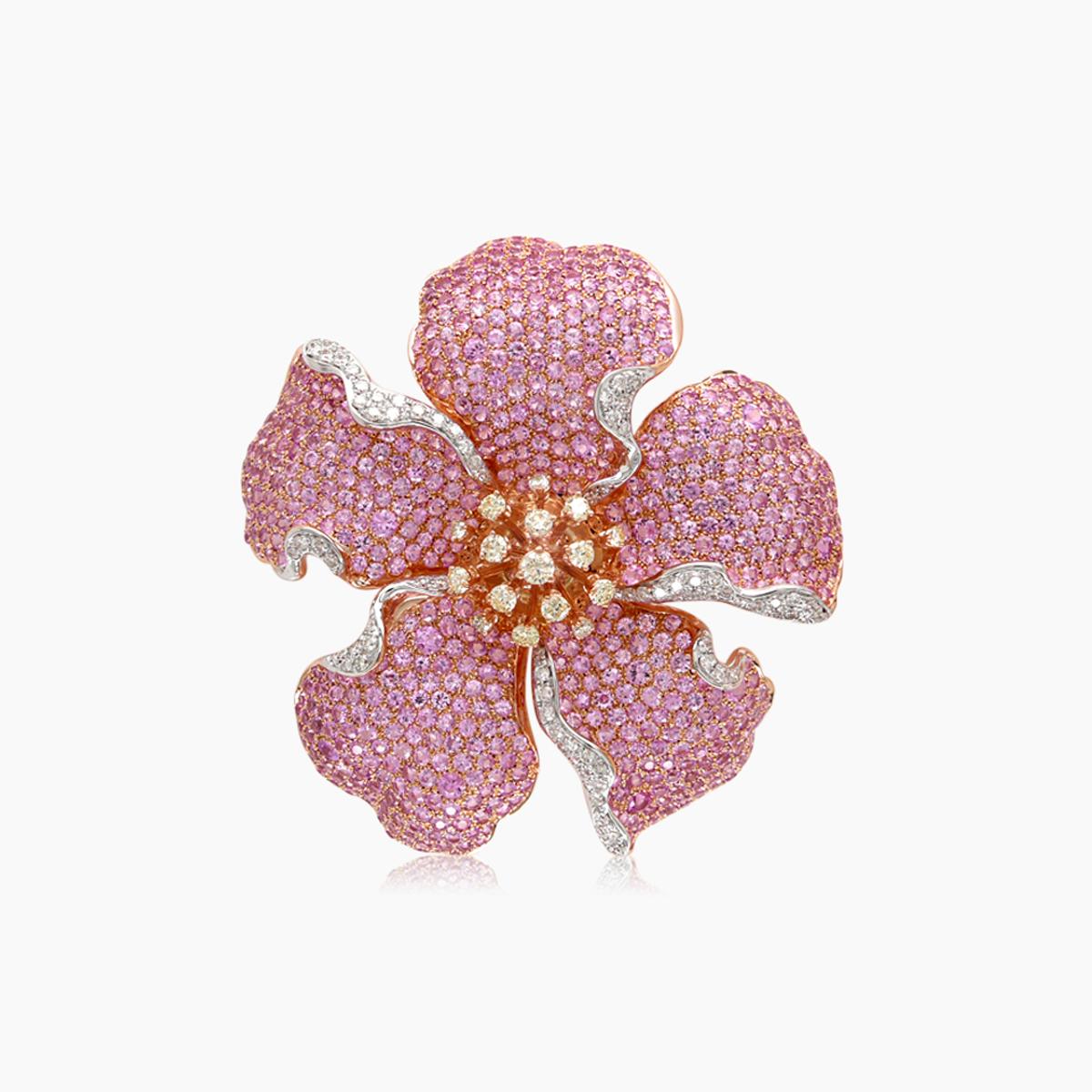 pink sapphire white & fancy diamond lilly flower rose gold floral design ring