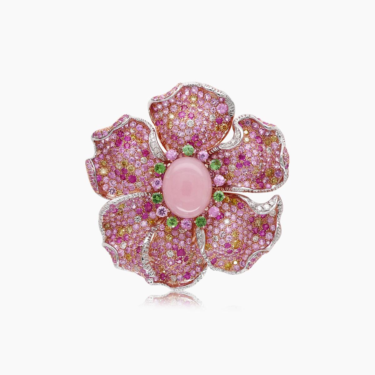 pink opal & pink sapphire pave & white diamond 18k rose gold floral design ring