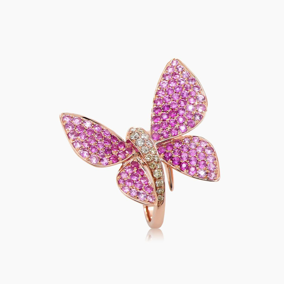Pink Sapphire &amp; Diamonds Pearl Pave Butterfly Sweet 18K Rose Gold Animal Ring