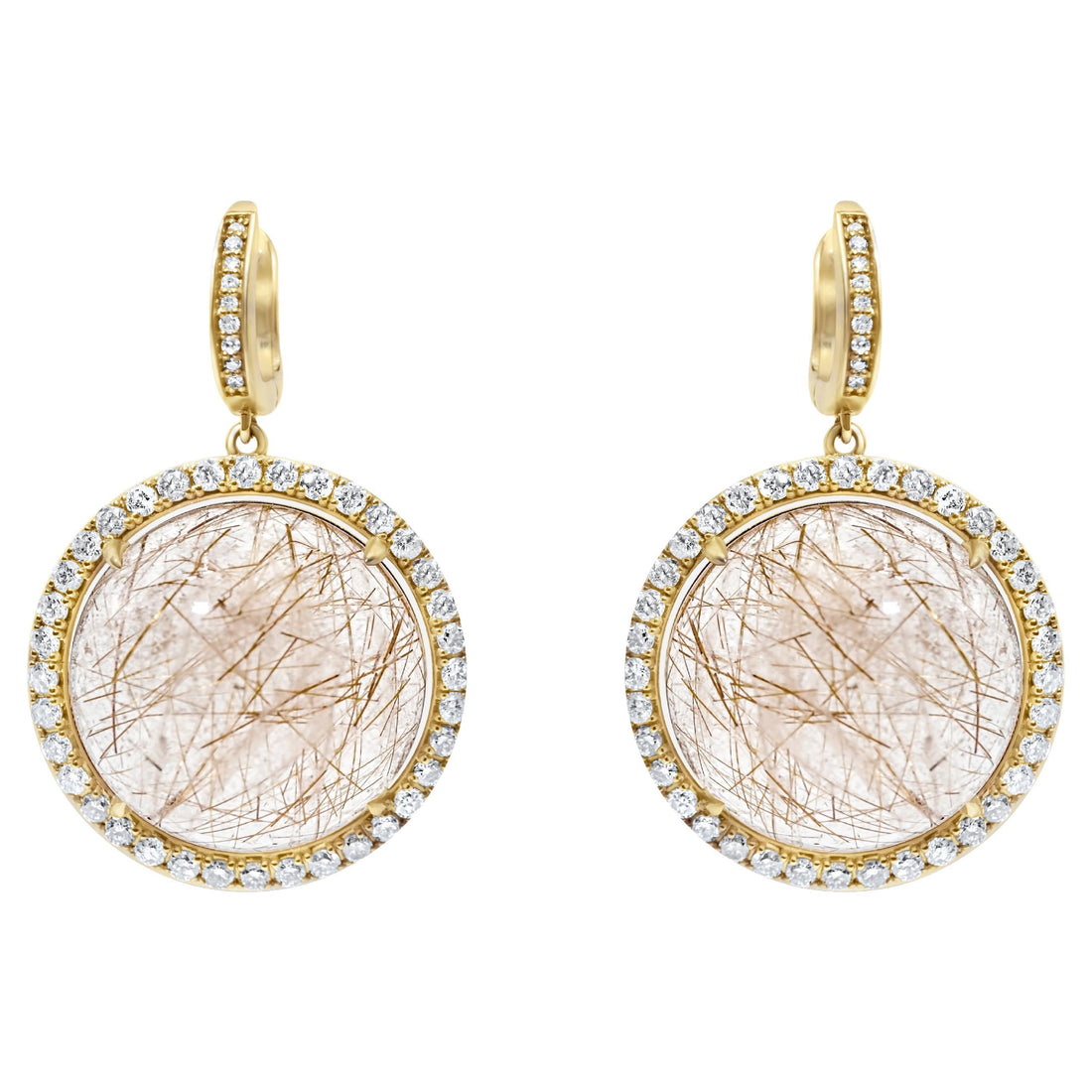 Peach Pink Rutilated Quartz Round Cabochon Diamonds Halo Drop 14k Gold Earrings