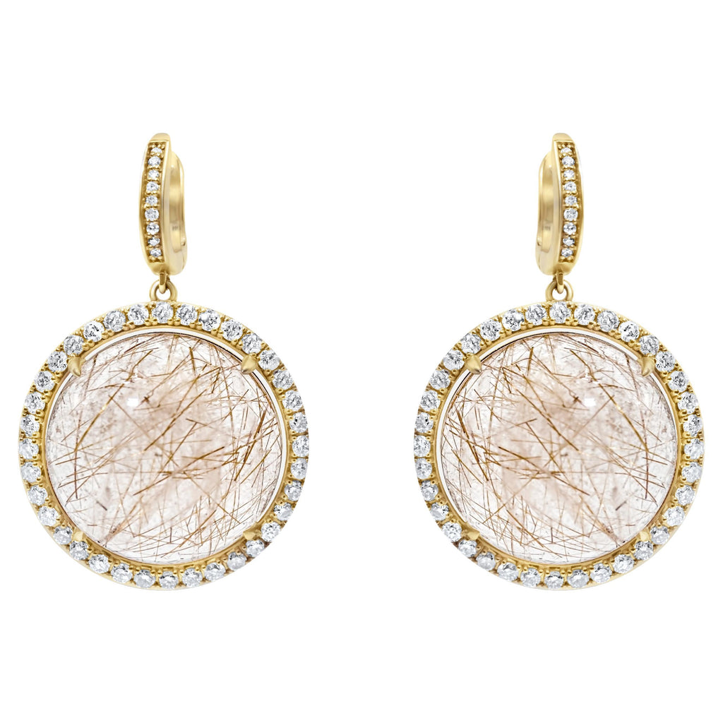 Peach Pink Rutilated Quartz Round Cabochon Diamonds Halo Drop 14k Gold Earrings