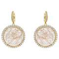Peach Pink Rutilated Quartz Round Cabochon Diamonds Halo Drop 14k Gold Earrings