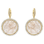 Peach Pink Rutilated Quartz Round Cabochon Diamonds Halo Drop 14k Gold Earrings