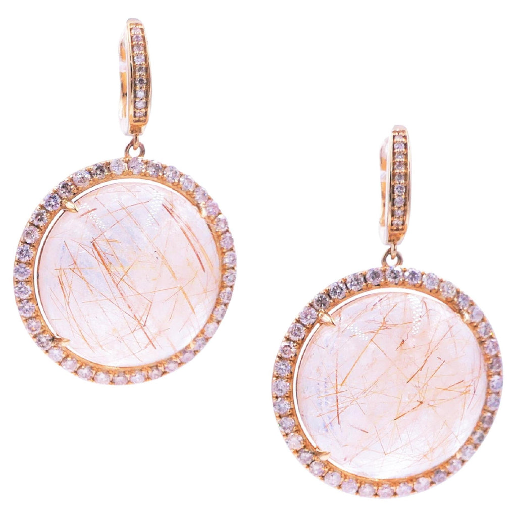 Peach Pink Rutilated Quartz Round Cabochon Diamonds Halo Drop 14k Gold Earrings