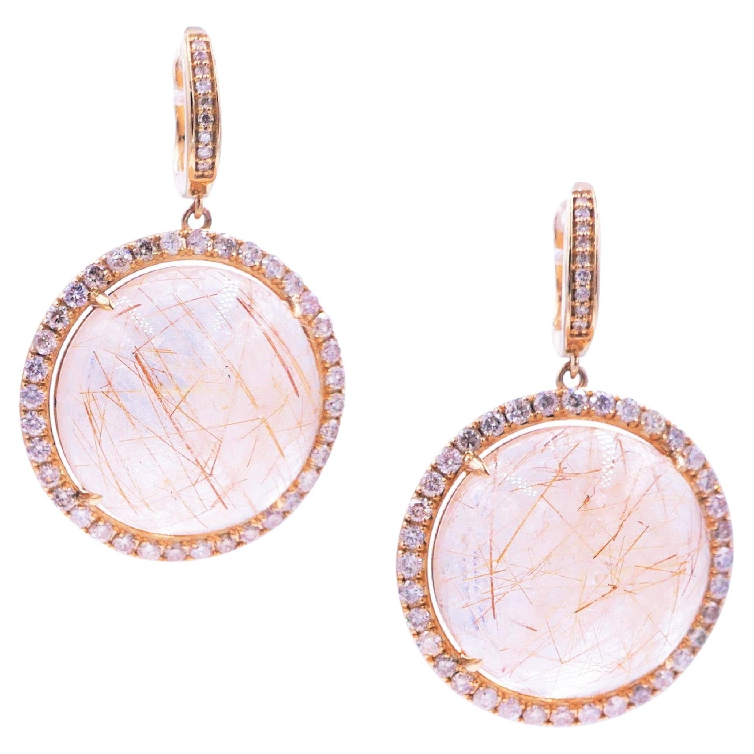 Peach Pink Rutilated Quartz Round Cabochon Diamonds Halo Drop 14k Gold Earrings