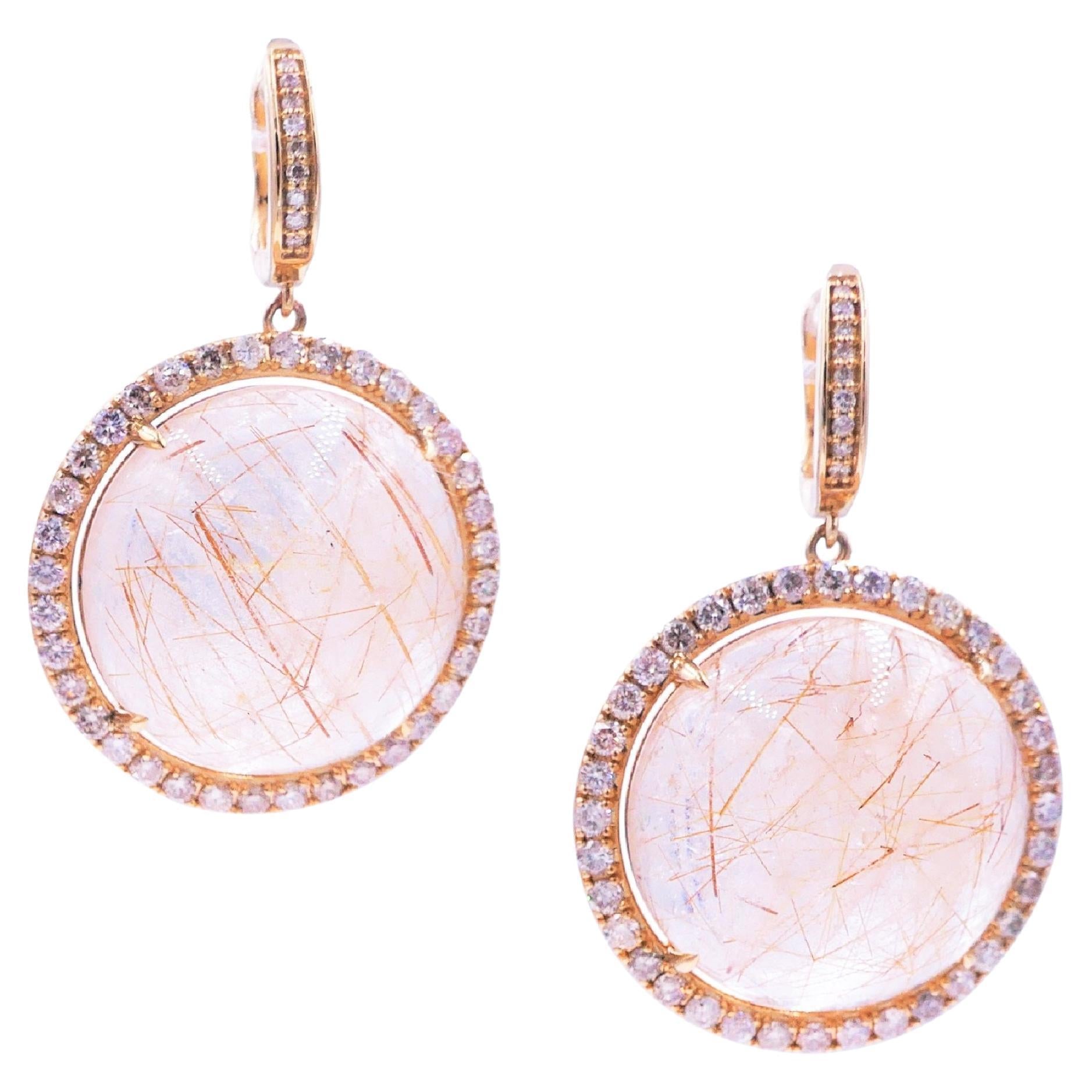 Peach Pink Rutilated Quartz Round Cabochon Diamonds Halo Drop 14k Gold Earrings
