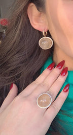 Peach Pink Rutilated Quartz Round Cabochon Diamonds Halo Drop 14k Gold Earrings