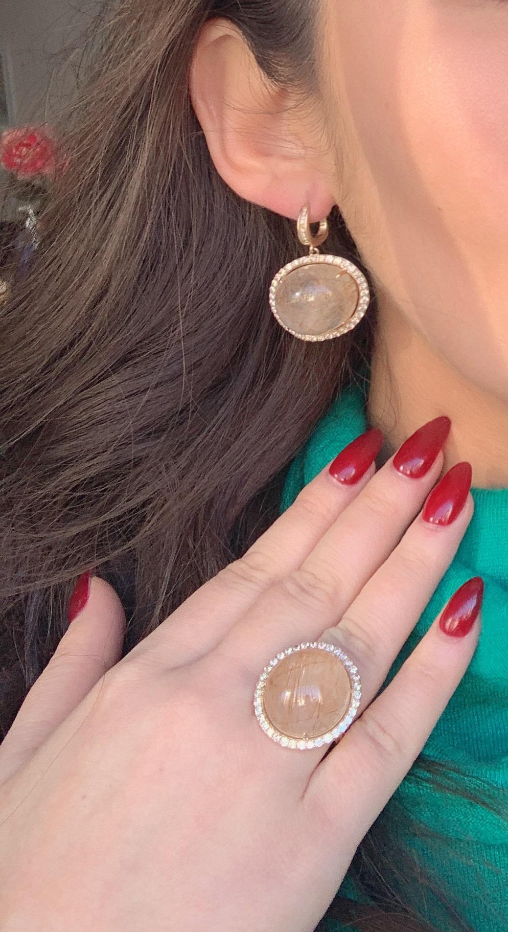 Peach Pink Rutilated Quartz Round Cabochon Diamonds Halo Drop 14k Gold Earrings