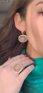 Peach Pink Rutilated Quartz Round Cabochon Diamonds Halo Drop 14k Gold Earrings
