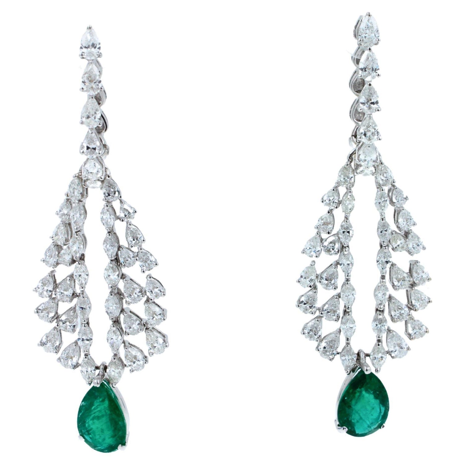 Pear Cut Drop Shape Green Emerald Diamond Feather Luxury 18k White Gold Earrings