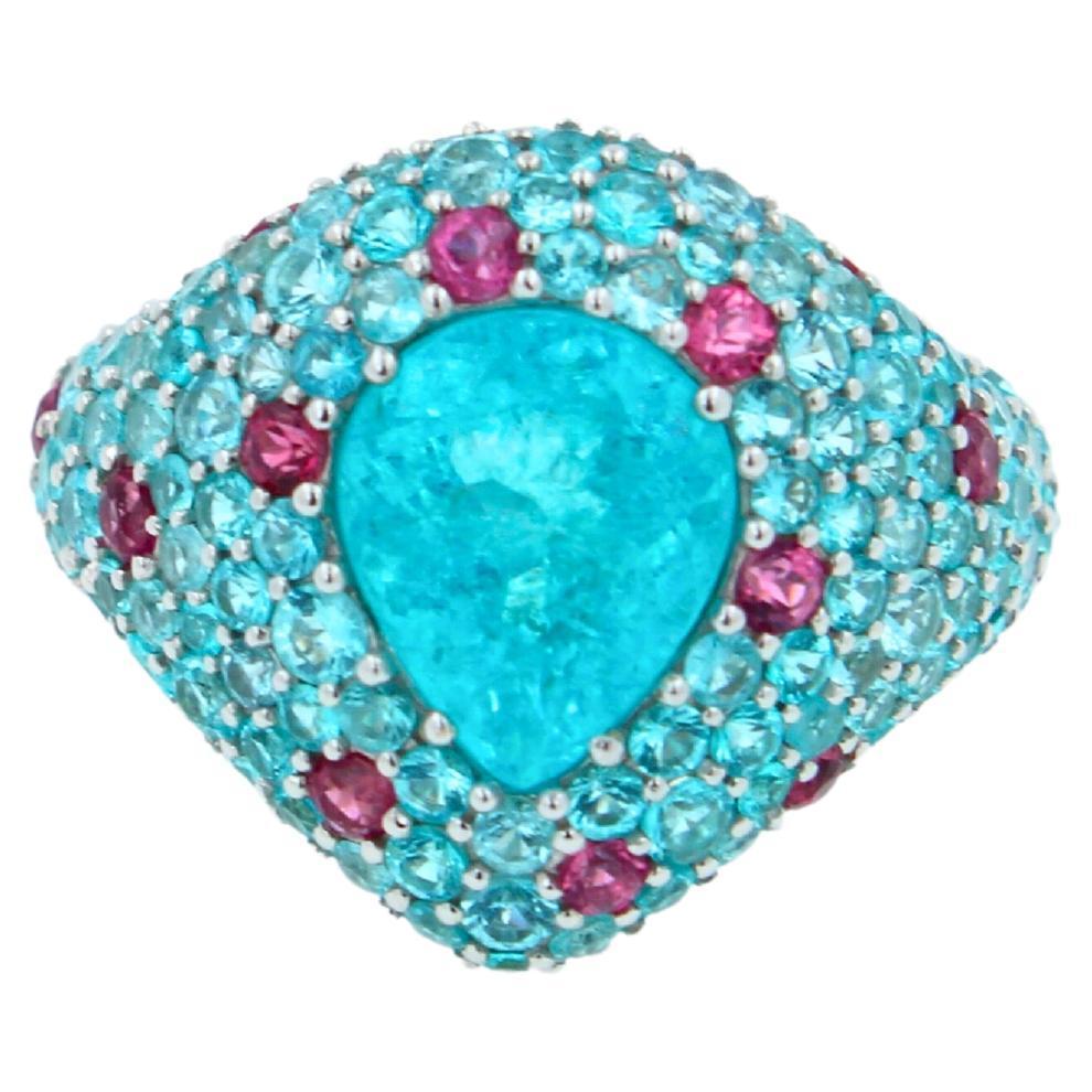 Pear Cut Drop Shape Teal Blue Paraiba Tourmaline Pave 18k White Gold Unique Ring