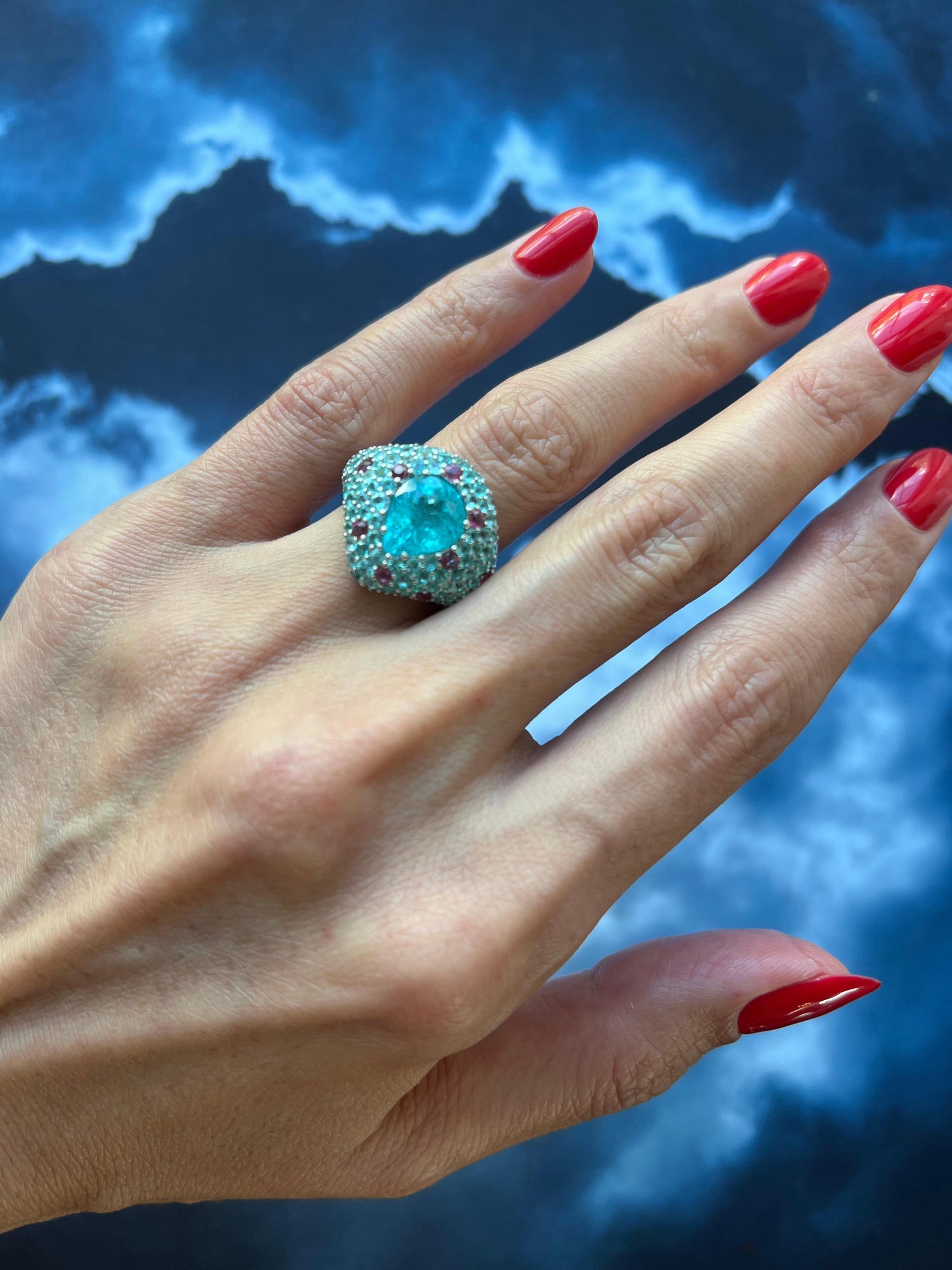 Pear Cut Drop Shape Teal Blue Paraiba Tourmaline Pave 18k White Gold Unique Ring