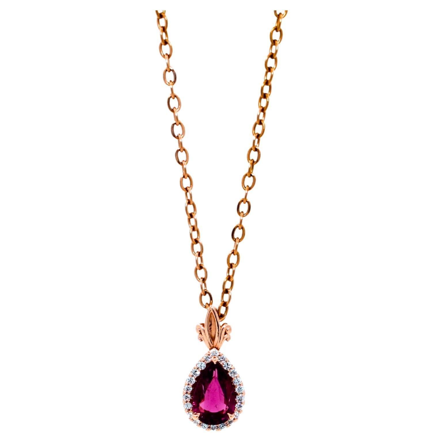Pear Drop Red Pink Tourmaline Rubellite Diamond Halo Pave 14k Rose Gold Pendant