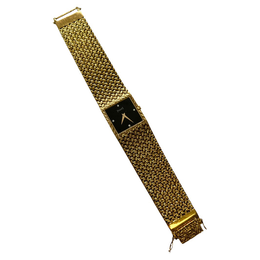 Piaget Black Diamond Dial 18 Karat Yellow Gold Mesh Design Vintage Estate Watch