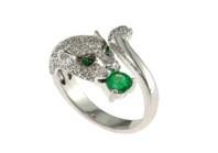 White Snow Leopard Panther Diamond Pave Set Emerald Eyes 14K White Gold Ring