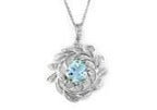 Oval Shape Blue Aquamarine Leaf Leaves 14K White Gold Diamond Pendant Necklace