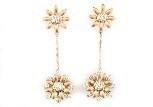 Sunflower Floral Motif Diamond Pave 14K Rose Gold Statement Dangle Earrings