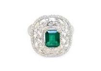 Green Emerald Leaf Leaves Wreath Diamond Halo 14K White Gold Cocktail Ring