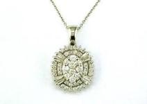 Diamond Oval Cluster Halo Pave Set Baguette Shape White Gold Pendant Necklace